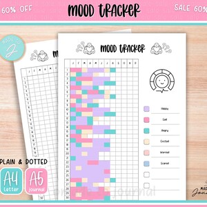 May include: Two white mood tracker journal pages with a grid layout. The pages have the text "MOOD TRACKER" at the top. One page is filled with colored blocks representing moods. The other page is blank. The pages are labeled "PLAIN & DOTTED", "A4 Letter", and "A5 journal".