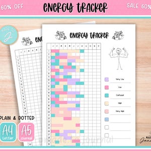May include: Two white paper energy trackers with the title "ENERGY TRACKER" at the top. One tracker is filled with colored blocks, and the other is blank. The trackers have a grid for tracking energy levels. The image also includes the text "PLAIN & DOTTED", "A4 Letter", and "A5 journal".