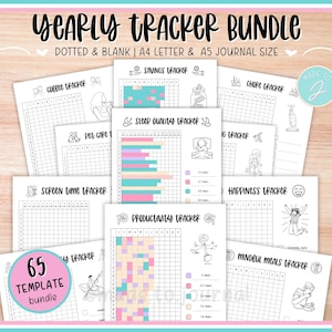 May include: A bundle of printable yearly trackers with the text "YEARLY TRACKER BUNDLE" and "65 TEMPLATE bundle". The trackers include sections for savings, sleep quality, chores, and more. The pages are A4 letter and A5 journal size.