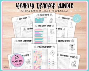 May include: A collection of printable yearly trackers, featuring the text "YEARLY TRACKER BUNDLE" and "65 TEMPLATE bundle". The trackers cover areas like savings, sleep quality, and chores. The pages are A4 letter and A5 journal size.