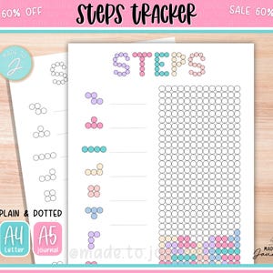 May include: A printable steps tracker with the word "STEPS" in colorful bubble letters. The tracker includes plain and dotted templates in A4 and A5 sizes. The design features a pink and teal border with the text "SALE 60% OFF".