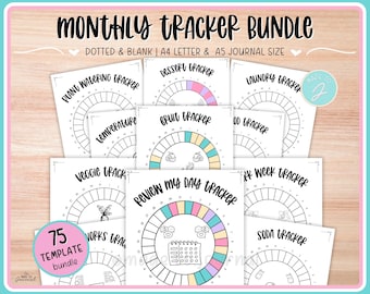 75 Monthly Tracker BUNDLE, 2026 Bullet Journal Trackers, Bujo Planners, Monthly Planners, Undated, Dotted + Plain, A5 & A4 Letter, Printable