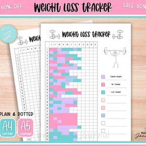 May include: Weight loss tracker with a grid for tracking progress. The tracker includes a color-coded system for gained, no change, and lost weight. The design includes the text "Weight Loss Tracker" and "Plain & Dotted".