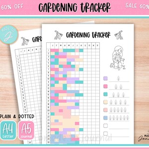 May include: Two white Gardening Tracker pages with a pink border. One page is a grid with colorful blocks, the other is a blank grid. The text "GARDENING TRACKER" is at the top. The text "PLAIN & DOTTED", "A4 Letter", and "A5 journal" are also visible.