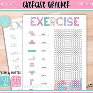 May include: A printable exercise tracker with the word "EXERCISE" in colorful bubble letters. The tracker includes sections for different exercises like walking, yoga, and weights. The text "PLAIN & DOTTED" and "A4 Letter" are also visible.