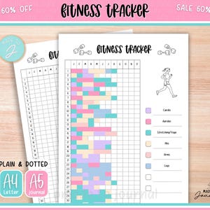 May include: A fitness tracker journal with the text "Fitness Tracker" at the top. The journal has a grid layout with color-coded sections for different workout types. The journal also includes the text "Plain & Dotted", "A4 Letter", and "A5 journal".