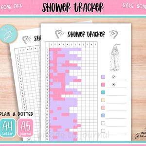 May include: Two white "Shower Tracker" journal pages with pink and purple blocks for tracking showers. The pages have a grid layout with the text "J F M A M J J A S O N D" at the top. The text "PLAIN & DOTTED" and "A4 Letter" are also visible.