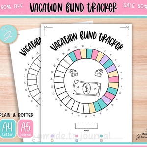 May include: Two white printable vacation fund trackers with a colorful circular design. The trackers have a dollar bill and luggage illustrations. Text includes "Vacation Fund Tracker", "Plain & Dotted", and "A4 Letter".