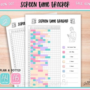 May include: Two screen time tracker journals with the text "SCREEN TIME TRACKER". One journal is filled in with colorful blocks. The journals are labeled "PLAIN & DOTTED" and "A4 Letter" and "A5 journal". The image also includes the text "SALE 60% OFF".