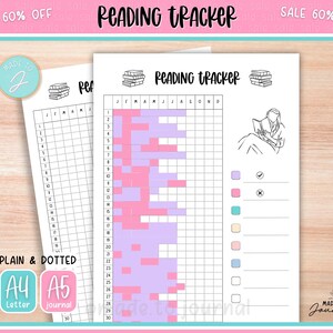May include: Two reading tracker printables. One is filled in with pink and purple blocks. The other is blank. The text "READING TRACKER" is at the top. The text "PLAIN & DOTTED" and "A4 Letter" and "A5 journal" are also visible.