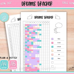 May include: Two white "Dreams Tracker" journal pages with a grid for tracking dreams. One page is plain, the other has colored blocks. The top text reads "Dreams Tracker" and "Sale 60% Off". The journal is available in A4 and A5 sizes.
