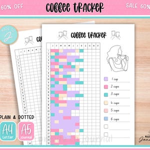 May include: Two coffee tracker journal pages with the text "Coffee Tracker". One page is a blank grid, the other has a grid with colored blocks to track coffee consumption. The pages are labeled "A4 Letter" and "A5 journal".