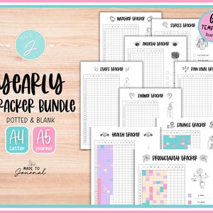 May include: A collection of printable yearly tracker templates, including weather, steps, health, stress, anxiety, shower, pain level, savings, and productivity trackers. The bundle includes 65 templates in A4 and A5 sizes, with a dotted and blank design.