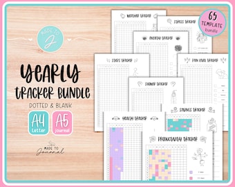May include: A bundle of printable yearly tracker templates, including weather, steps, health, stress, anxiety, shower, pain level, savings, and productivity trackers. The bundle includes 65 templates in A4 and A5 sizes, with a dotted and blank design.