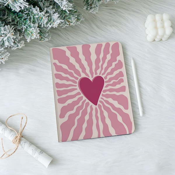 Pink Heart Ripples iPad Case with Pencil Holder,iPad Air 8/7/6,iPad Pro 11/13,iPad 10/9/8/7 Case,Mini 6/7 iPad Accessorie Gift for Her