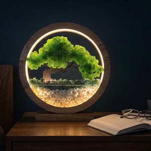 May include: A round wooden lamp with a built-in terrarium. The terrarium features a miniature tree with green moss and white pebbles, illuminated by a warm light. A book, glasses, and a mug sit on a wooden nightstand.