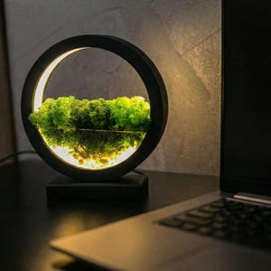 Round Wood Table Lamp with Preserved Moss | Scandinavian Night Light | Biophilic Decor image 16