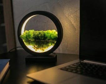 Wooden Table Lamp with Preserved Moss | Terrarium Night Light | Scandinavian Home Decor Lighting