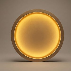 Könnte beinhalten: Eine runde Wandleuchte mit Holzrahmen und warmem, goldenem Licht. Das Design ist minimalistisch, mit einem hellen Holzrahmen und einer weichen, diffusen Lichtquelle. Die Leuchte ist eine dekorative Beleuchtung.