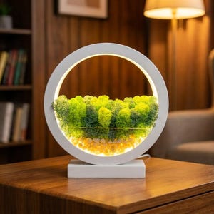 Round Wood Table Lamp with Preserved Moss | Scandinavian Night Light | Biophilic Decor image 15