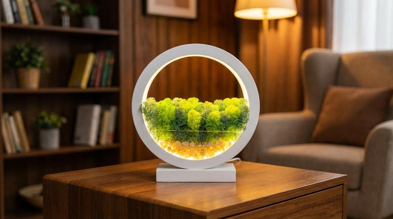 Round Wood Table Lamp with Preserved Moss | Scandinavian Night Light | Biophilic Decor image 15