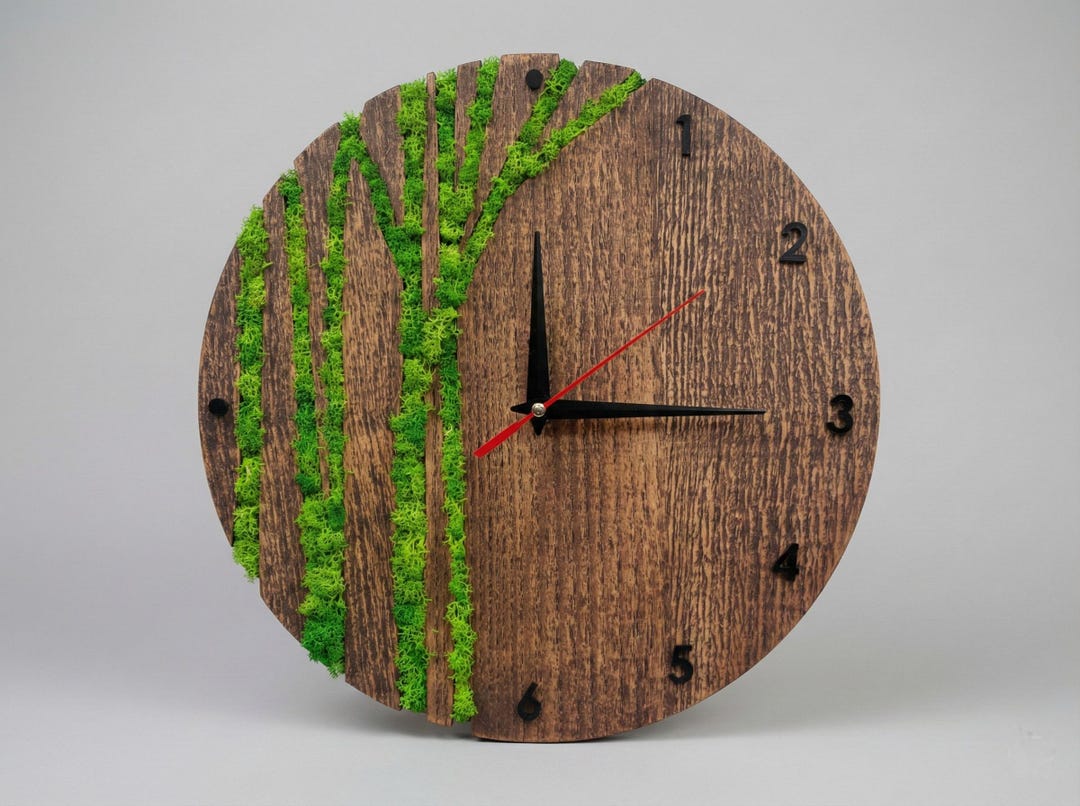 Wood and Stabilized Moss Wall Clock | Modern Eco Decor - Etsy