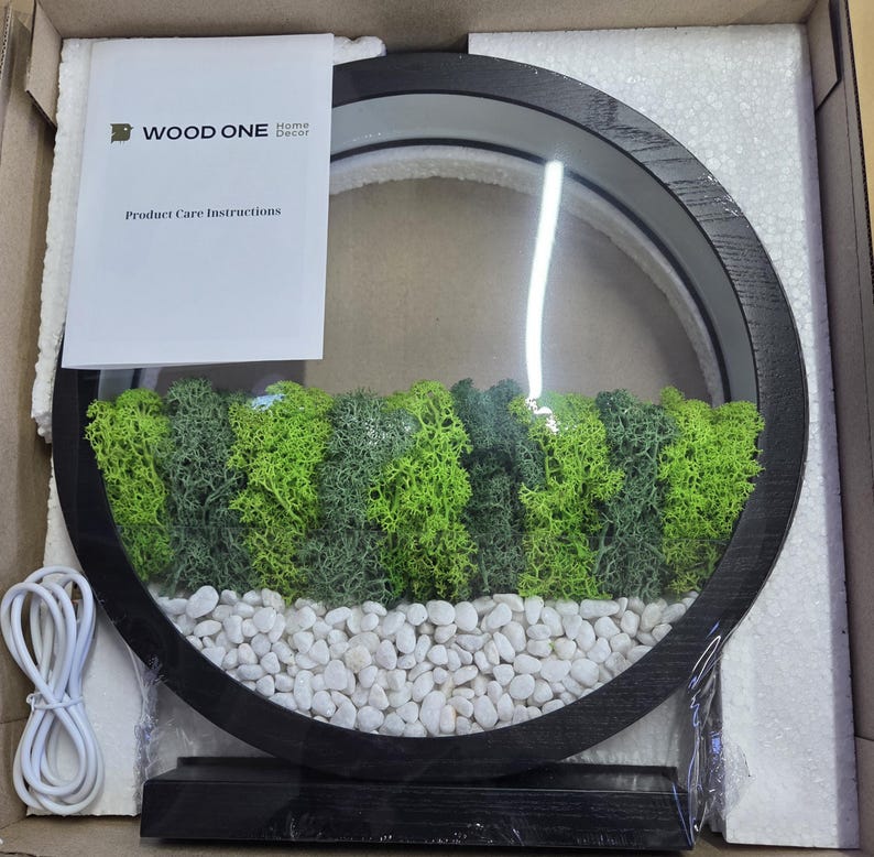 Round Wood Table Lamp with Preserved Moss | Scandinavian Night Light | Biophilic Decor image 18
