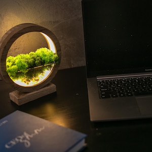 May include: A wooden, circular decorative lamp with a built-in light. The lamp features a miniature landscape with green moss and a reflective surface, creating a serene scene. A laptop and a blue book are also visible.