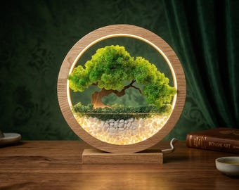 Faux Moss Bonsai Lamp, Zen Garden Tree of Life, Preserved Moss, Japandi Decor Nightlight