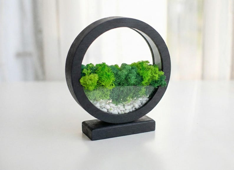 Round Wood Table Lamp with Preserved Moss | Scandinavian Night Light | Biophilic Decor Black