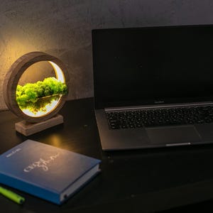 May include: A wooden desk lamp with a circular design, featuring a bright light illuminating green moss. A laptop, a blue notebook, and a green pen are on the black desk. The lamp has a natural, earthy aesthetic.