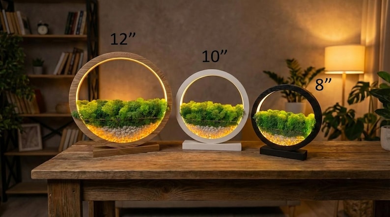 Round Wood Table Lamp with Preserved Moss | Scandinavian Night Light | Biophilic Decor image 4
