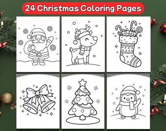 May include: A set of six Christmas-themed coloring pages. Each page features a different festive illustration, including Santa Claus, a reindeer, a stocking, bells, a Christmas tree, and a penguin. The top of the image reads "24 Christmas Coloring Pages."