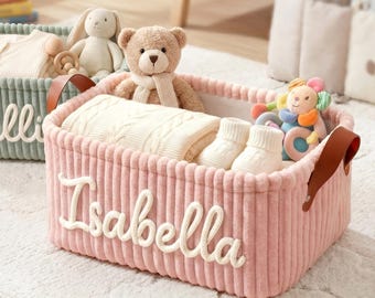 Personalized Baby Storage Basket,Baby Shower Gift, Moms To Be Gifts,Nursery Organizer with Leather Handles