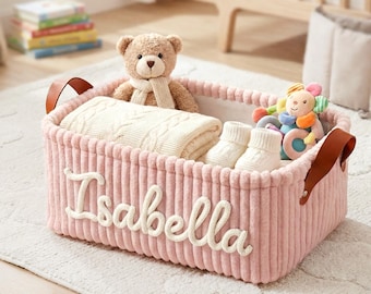 Cesta de almacenamiento personalizada para bebé, regalo para baby shower, regalos para futuras mamás, organizador para la habitación del bebé con asas de cuero.