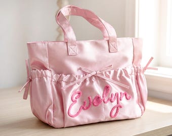 Bolsa de baile de satén personalizada: bolso de mano con nombre personalizado para bailarina, bolsa de ballet con lazo, bolsa de lona personalizada.