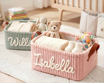 Personalized Baby Storage Basket,Baby Shower Gift, Moms To Be Gifts,Nursery Organizer with Leather Handles