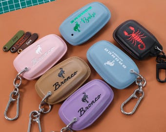 Ford Bronco Leather Key Fob Cover, Smart Key Case for Badlands Big Bend Outer Banks Sport, Custom Logo Color Personalized Gift