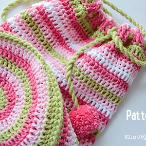 PATTERN Crochet Striped Spiral Tube Bag Purse Drawstring Pom Poms Liner