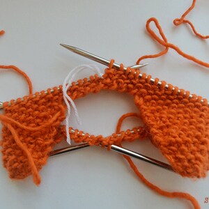May include: Orange knitting project in progress with two knitting needles and white yarn. The knitting is in a circular shape with two ends.