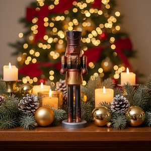 Puede incluir: Figura decorativa de cascanueces navideño con sombrero y uniforme negros, detalles dorados y falda dorada. La figura se exhibe sobre una superficie de madera con velas, piñas y adornos dorados. Un árbol de Navidad con lazos rojos y luces al fondo.
