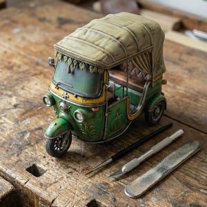 Puede incluir: Una maqueta en miniatura detallada de un tuk-tuk verde, amarillo y beige, un auto-rickshaw de tres ruedas. El modelo presenta detalles intrincados, incluyendo una capota de tela y elementos decorativos. Un pincel, un cúter y una lima metálica están junto al modelo.