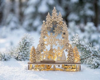 鉱夫とトロリー付きの木製クリスマスアーチ（LEDライト付き）｜ヴァル