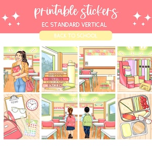 Può includere: Un set di adesivi stampabili intitolati printable stickers EC STANDARD VERTICAL BACK TO SCHOOL con illustrazioni di uno studente, scene di classe, materiale scolastico, un organizer da scrivania, uno zaino e un portapranzo.