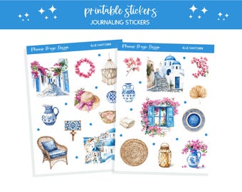 Journal stickers printable bullet journal sticker sheet scrapbooking junk journal stickers summer vacation journaling sticker Blue Santorini