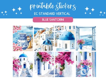 Printable stickers vacation sticker sheet digital sticker kit vertical planner kit weekly planner decorative stickers bunnies Blue Santorini