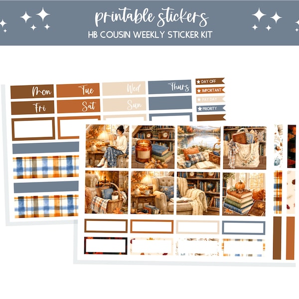 Printable planner stickers HB Cousin weekly kit fall bullet journal sticker sheet scrapbooking junk journal stickers Autumn Home Library