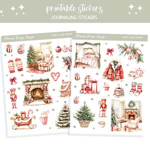 Könnte beinhalten: Zwei Bögen mit druckbaren Journaling-Aufklebern mit der Aufschrift Planner Magic Design und Candy Cane Winter. Die Aufkleber zeigen Aquarellillustrationen von Weihnachtsbäumen, Kaminen, Nussknackern, Geschenken, Winterkleidung und Feiertagsdekoration.