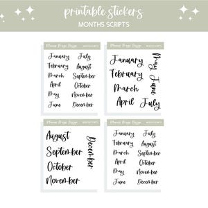 Puede incluir: Pegatinas imprimibles con los nombres de los meses en escritura manuscrita. Las pegatinas incluyen los meses de enero a diciembre, en varios diseños. El texto "MONTHS SCRIPTS" también es visible.