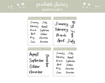 Months planner stickers script printable bullet journal sticker sheet scrapbooking junk journal stickers  journaling sticker planner sticker